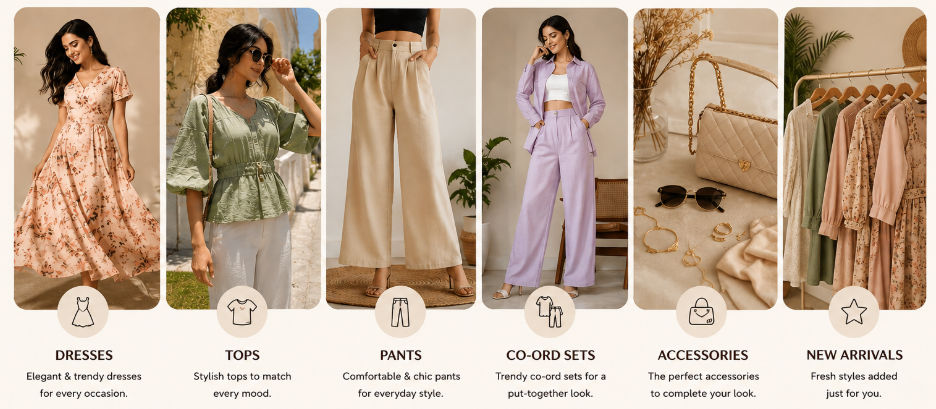 Women’s fashion collection featuring dresses, tops, pants, co-ord sets, accessories, and new arrivals in a soft neutral aesthetic.