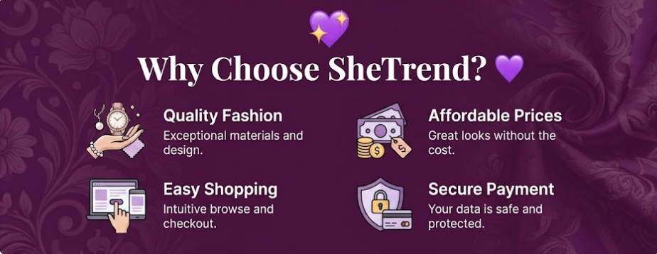 SheTrend fashion website banner highlighting quality fashion, affordable prices, easy shopping, and secure payment.